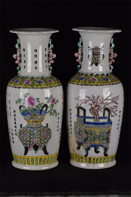 ◆旧蔵◆古美術 中国古玩　大清康熙年製款　粉彩　古詩文　宝鼎図双耳瓶―對　時代物　A35