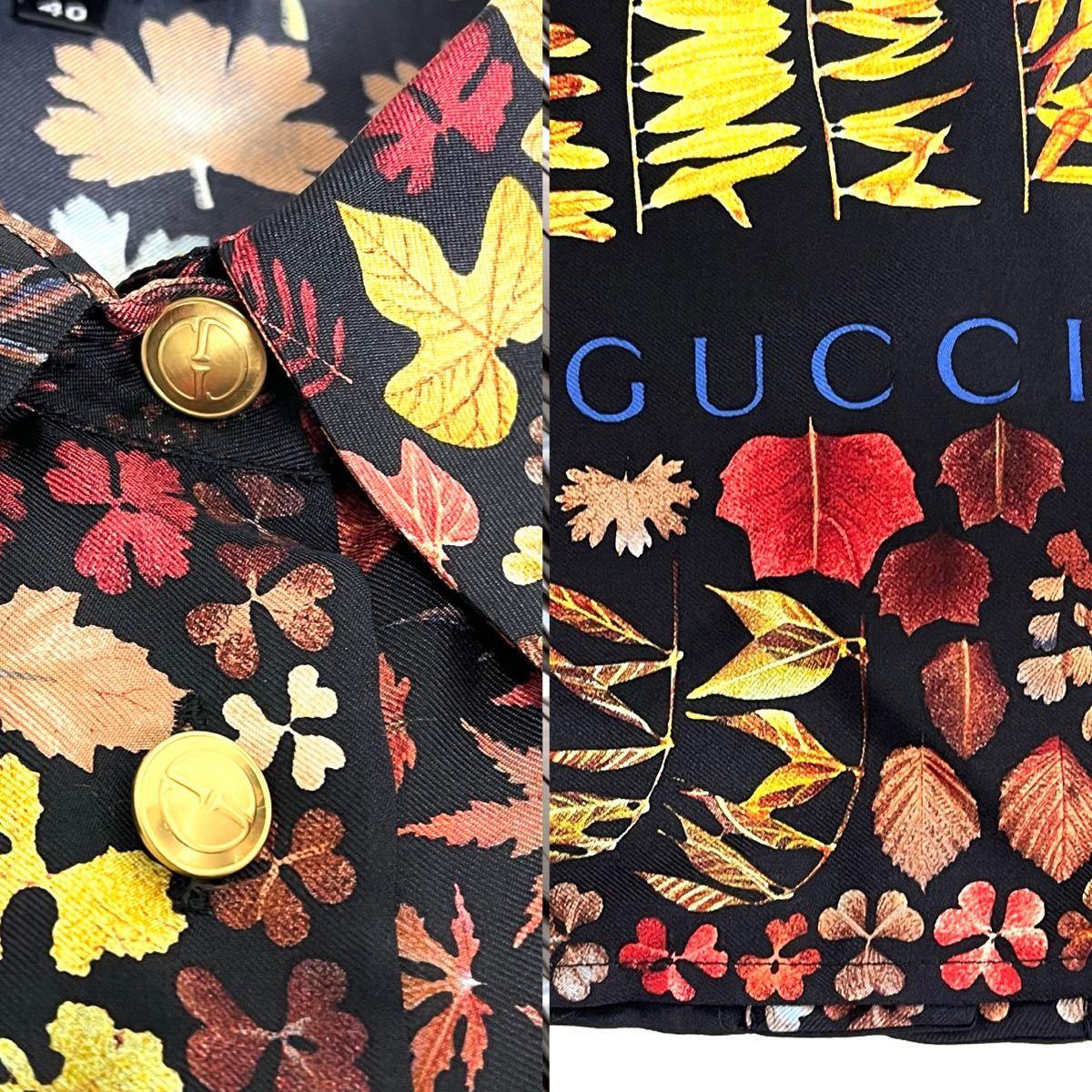 GUCCI グッチ シルク100% シャツ イタリア製 落ち葉 枯葉 葉っぱ リーフ カラフル レディース ゆったりサイズ　M L 40_画像6