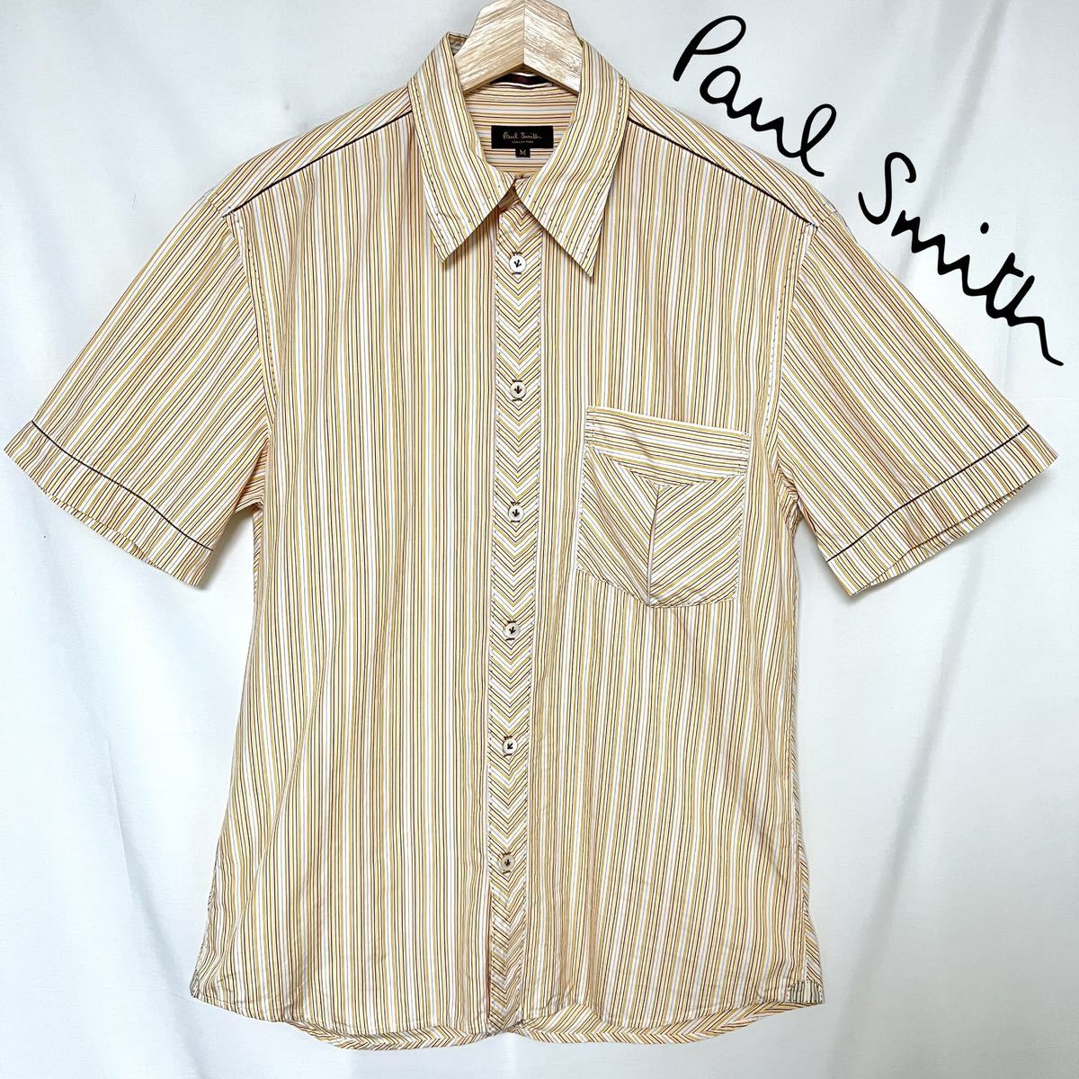 Paul Smith Collection ポールスミス コレクション ストライプ ステッチ 半袖 シャツ コットンメンズ　M オレンジ　ホワイト_画像1