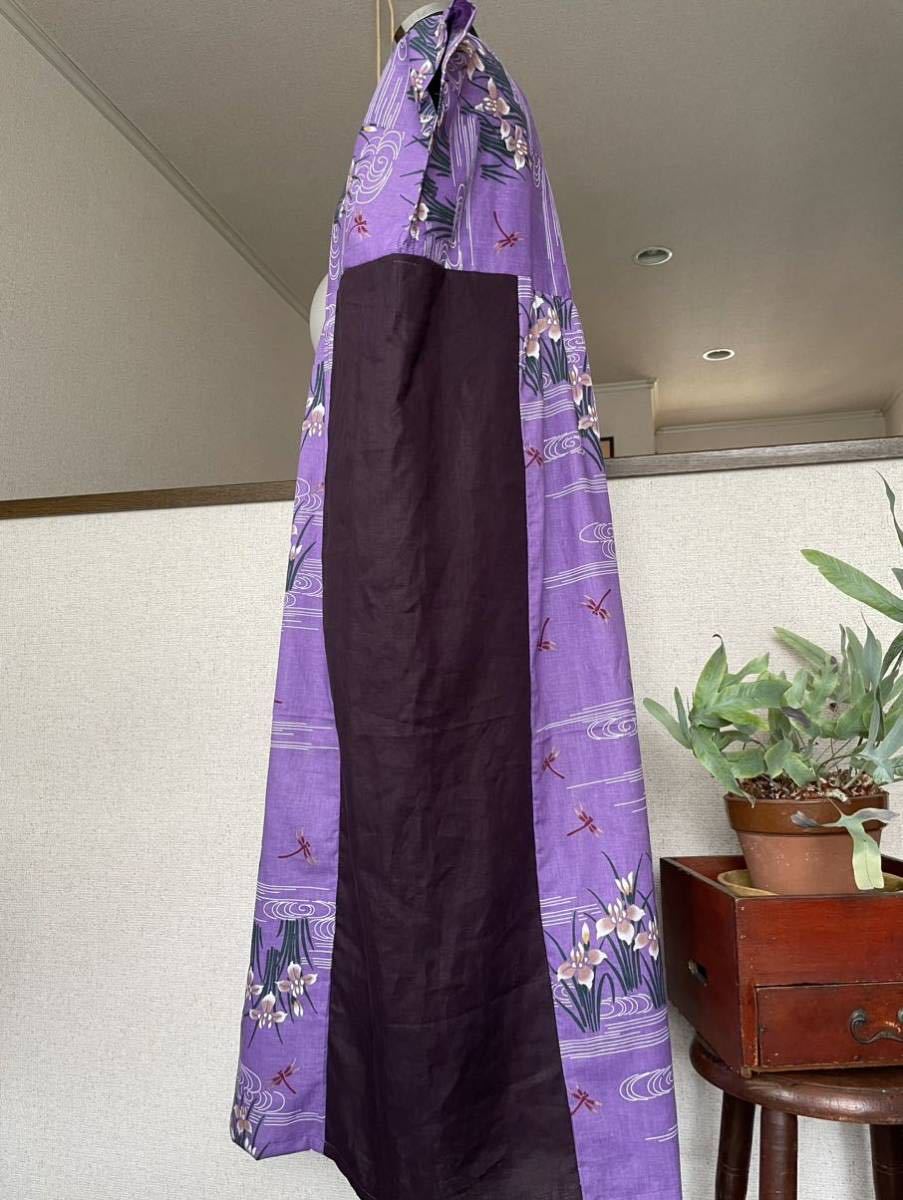 ハンドメイド　浴衣リメイク　ゆったりシルエット　美ライン　マキシ丈ワンピース　紫藤色