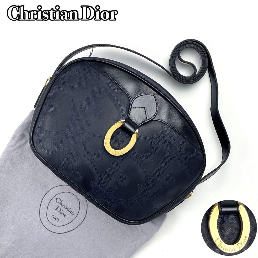 美品■Christian Dior ディオール ショルダーバッグ オーバル金具 トロッター 総柄 斜め掛け クロスボディ ゴールド金具 レザー紺  ネイビー