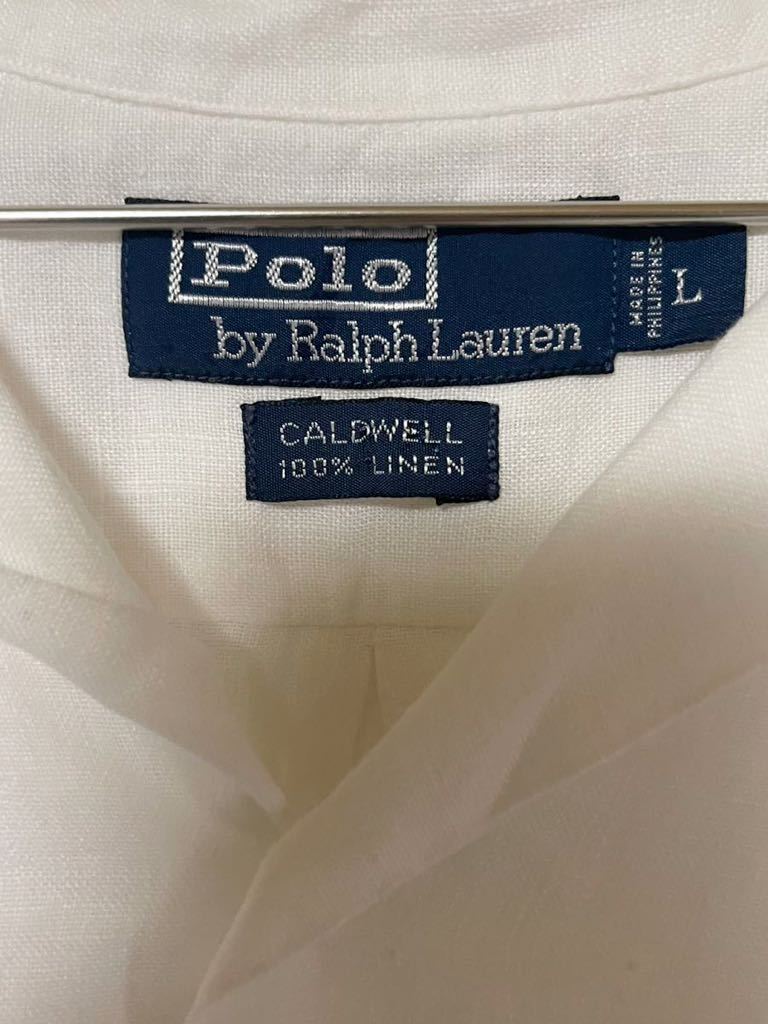 90s ビンテージ ラルフローレン RALPH LAUREN オープンカラー 開襟シャツ 半袖 CALDWELLリネン 麻 Lサイズ 白 ホワイト 無地_画像3