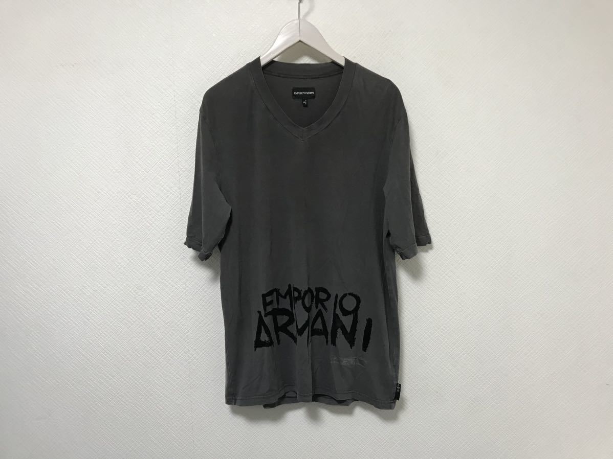 本物エンポリオアルマーニEMPORIO ARMANIコットンVネックロゴデカ半袖TシャツメンズアメカジサーフミリタリービジネスグレーXLイタリア製