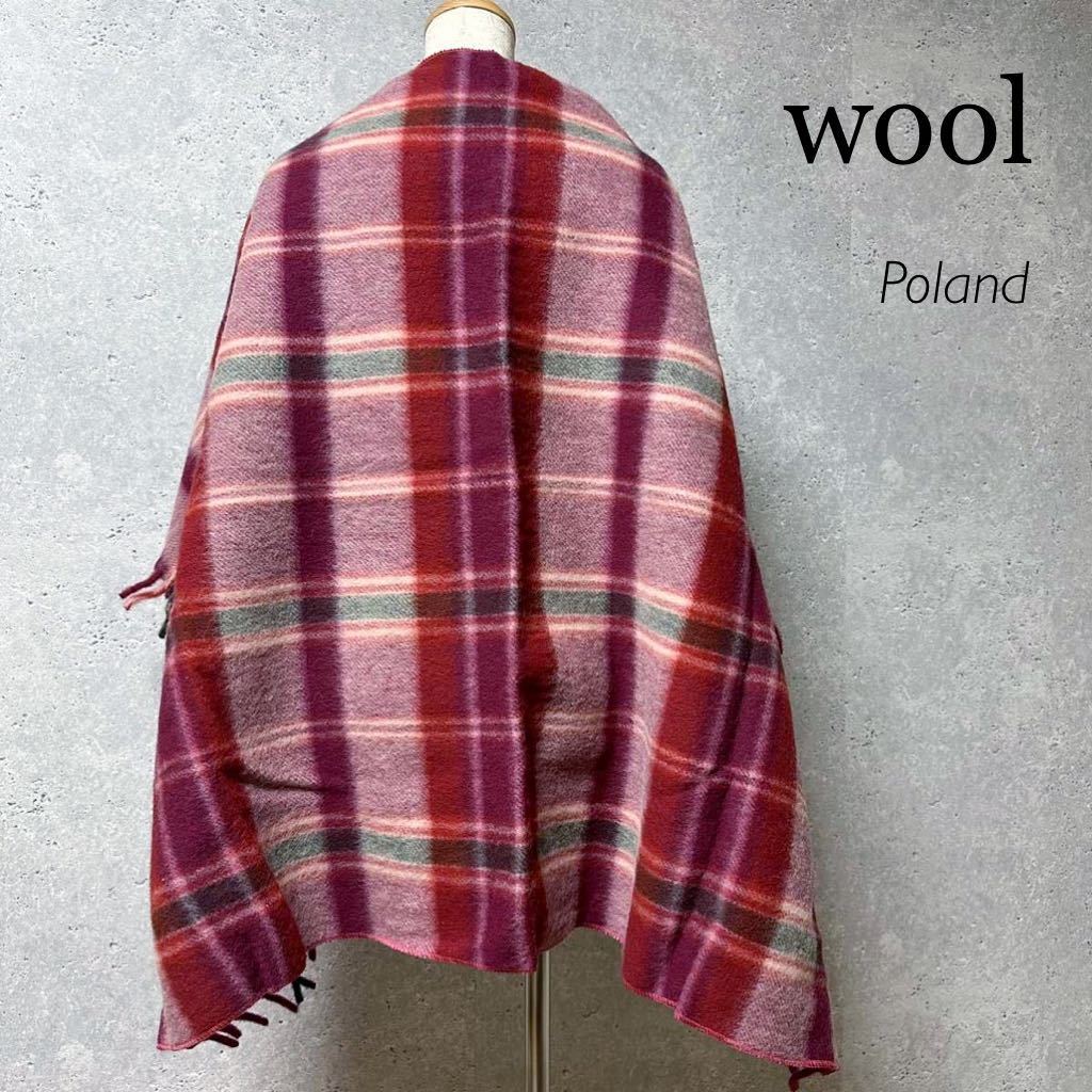 新品 未使用 ポーランド製 ウール　ブランケット　wool 毛100% ショール　膝掛け　大判ストール 赤チェック　800×125cm ウール100%