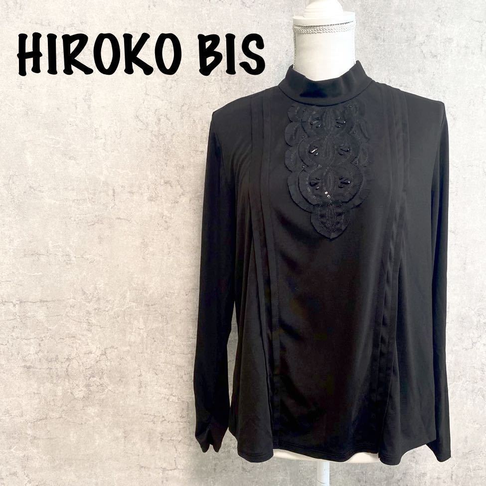 美品 ヒロコビス　HIROKO BIS 黒　カットソー　シフォンブラウス　とろみ 黒ブラウス　大きいサイズ 3L ビジュー付き　トップス フォーマル