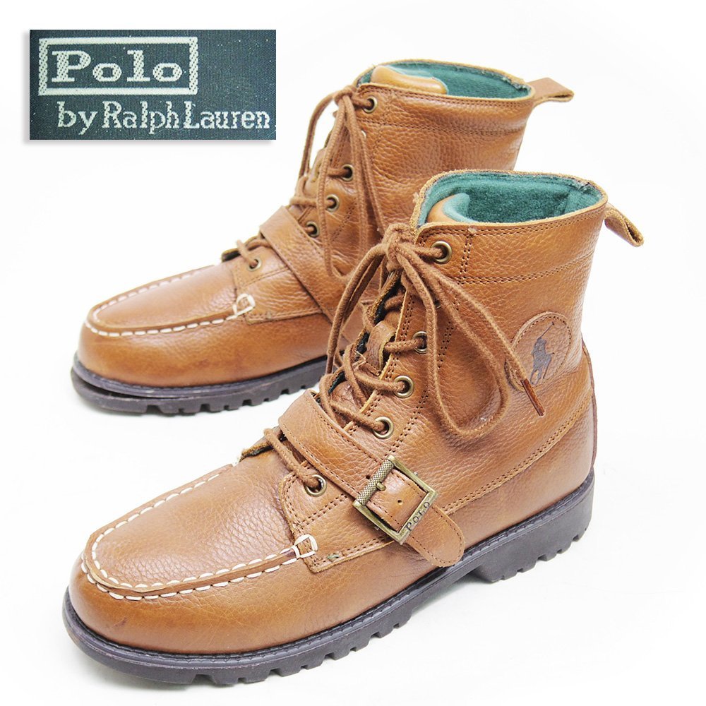 【JUNK品】　6-1/2D 25.5cm相当　POLO RALPH LAUREN　ポロラルフローレン　ショートブーツ　レースアップ　ベルト　エンジニア　革靴　8418_画像1