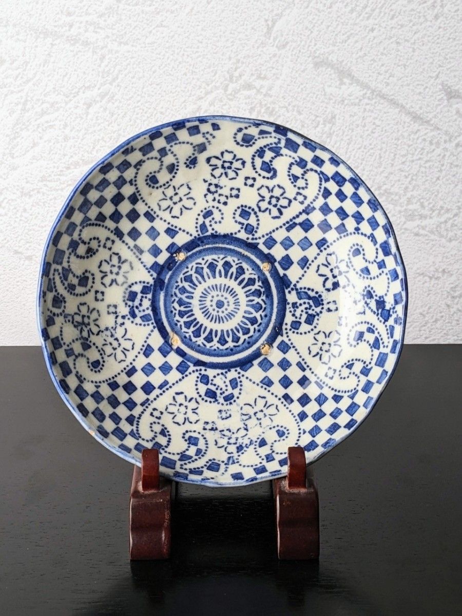 充実の品 染付桜市松文皿 印判 摺絵 会津本郷焼 明治時代 古伊万里 古