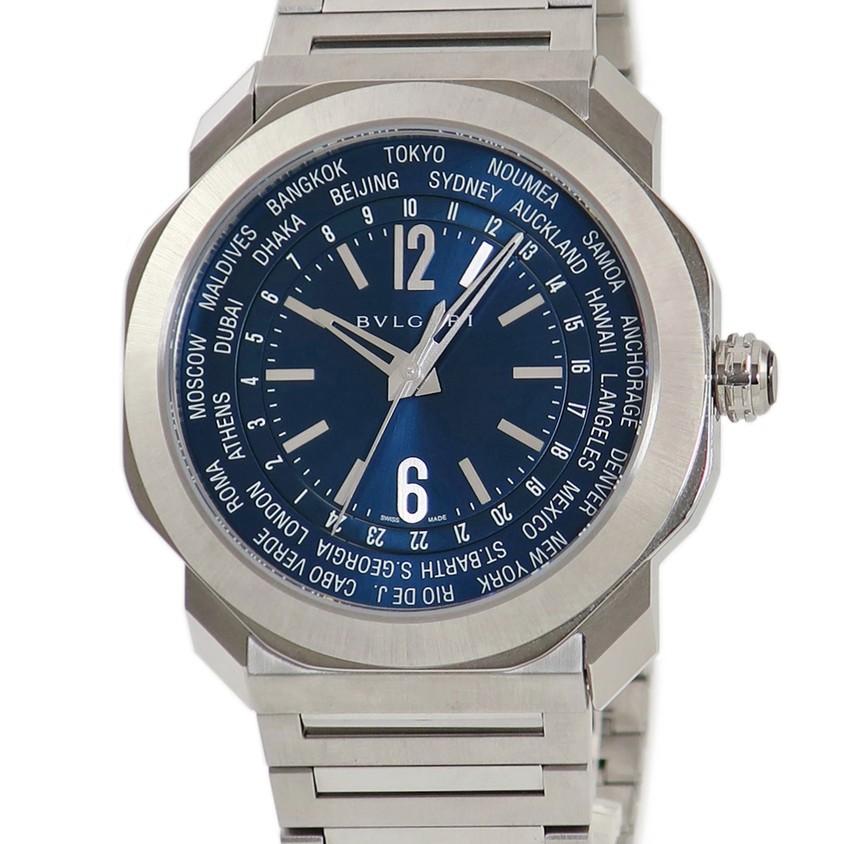 【3年保証】 ブルガリ オクト ローマ ワールドタイマー OC41SWT 103481 OC41C3SSWT 青 八角形 GMT 自動巻き メンズ 腕時計