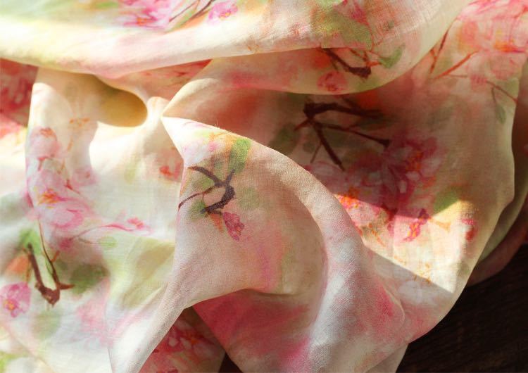 生地　ハンドメイド　DIY麻リネン　苧麻　素敵綺麗めプリント花柄　洋服ワンピース チュニック シャツ作るサイズ