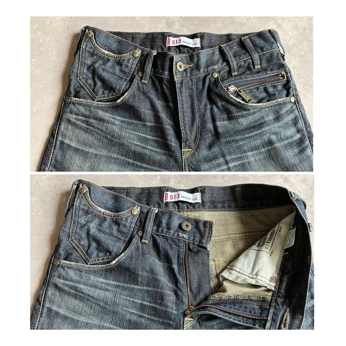 即決 W34 リーバイス Levi's EU513-0004 スキニー SKINNY 綿100%デニム ジップポケット 裾チェーンステッチ仕様 ユーズドヒゲ加工_画像5