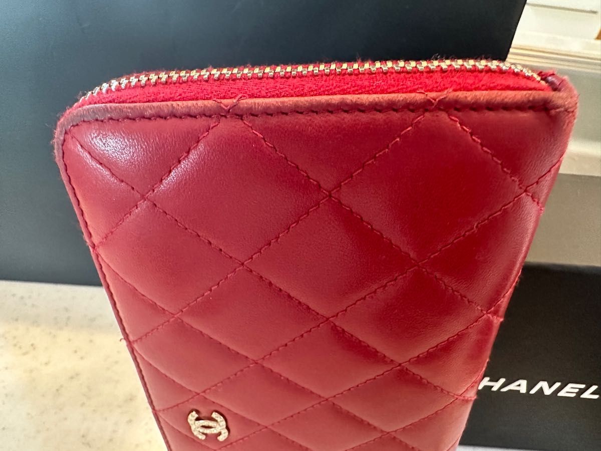 正規品 CHANEL シャネル ラムスキン 長財布 赤レッド チェーン付き