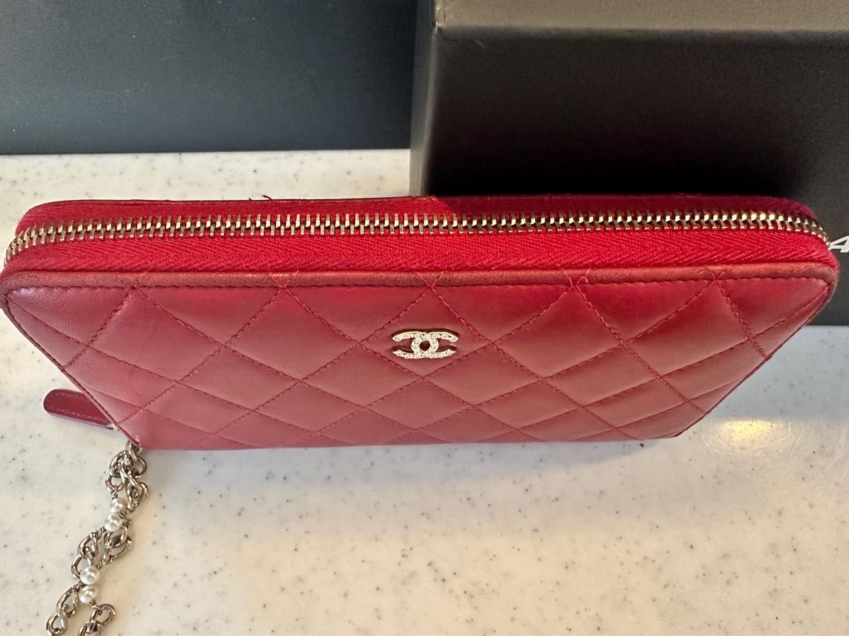 正規品！CHANEL シャネル ラムスキン 長財布♪赤レッド チェーン付き CHANEL長財布