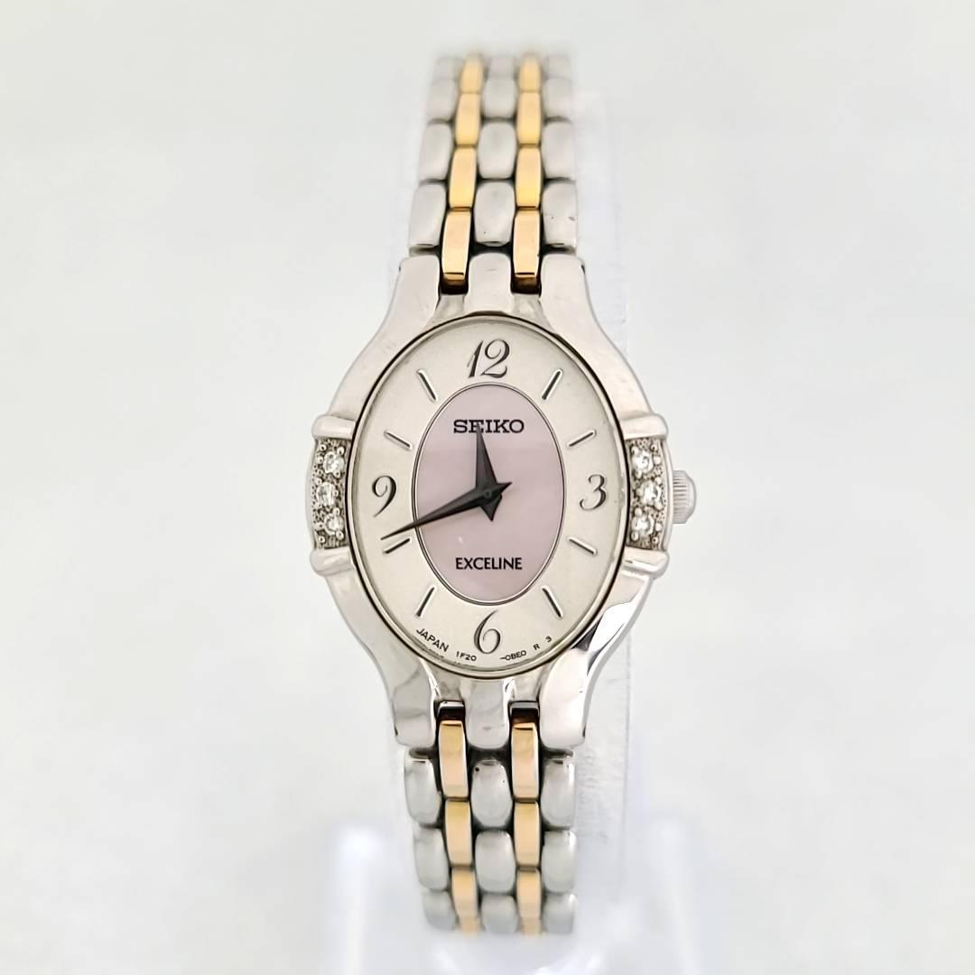☆【美品稼働品】SEIKO セイコー エクセリーヌ QZ 1F20-0AW0 シェル文字盤 レディース腕時計 6Pダイヤ 石付