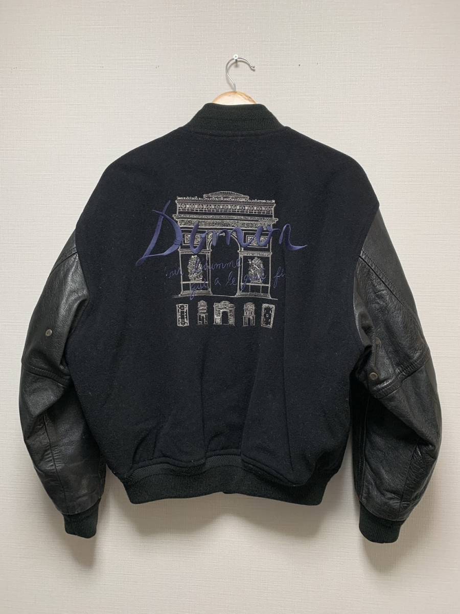 [90s Domon] 凱旋門 オールブラック 袖レザースタジャン バーシティジャケット M 牛革 日本製 90年代 ドモン
