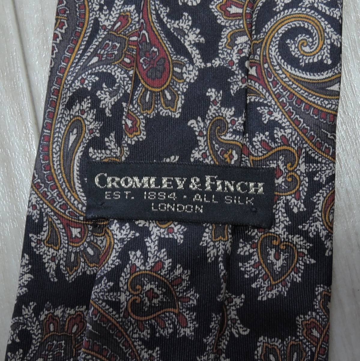 vintage クロムリー＆フィンチ Cromley & Finch ハンドメイド シルク ネクタイ ペイズリー柄 総柄 ネイビー ヴィンテージ オールド 6833_画像3