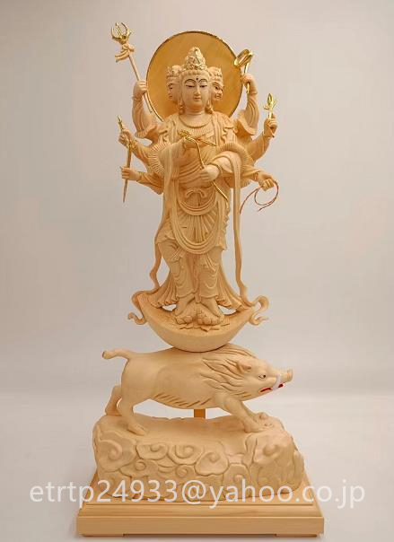 特価★総檜材 木彫仏像 仏教美術 精密細工 仏師で仕上げ品 切金 摩利支天仏像 高さ40cm