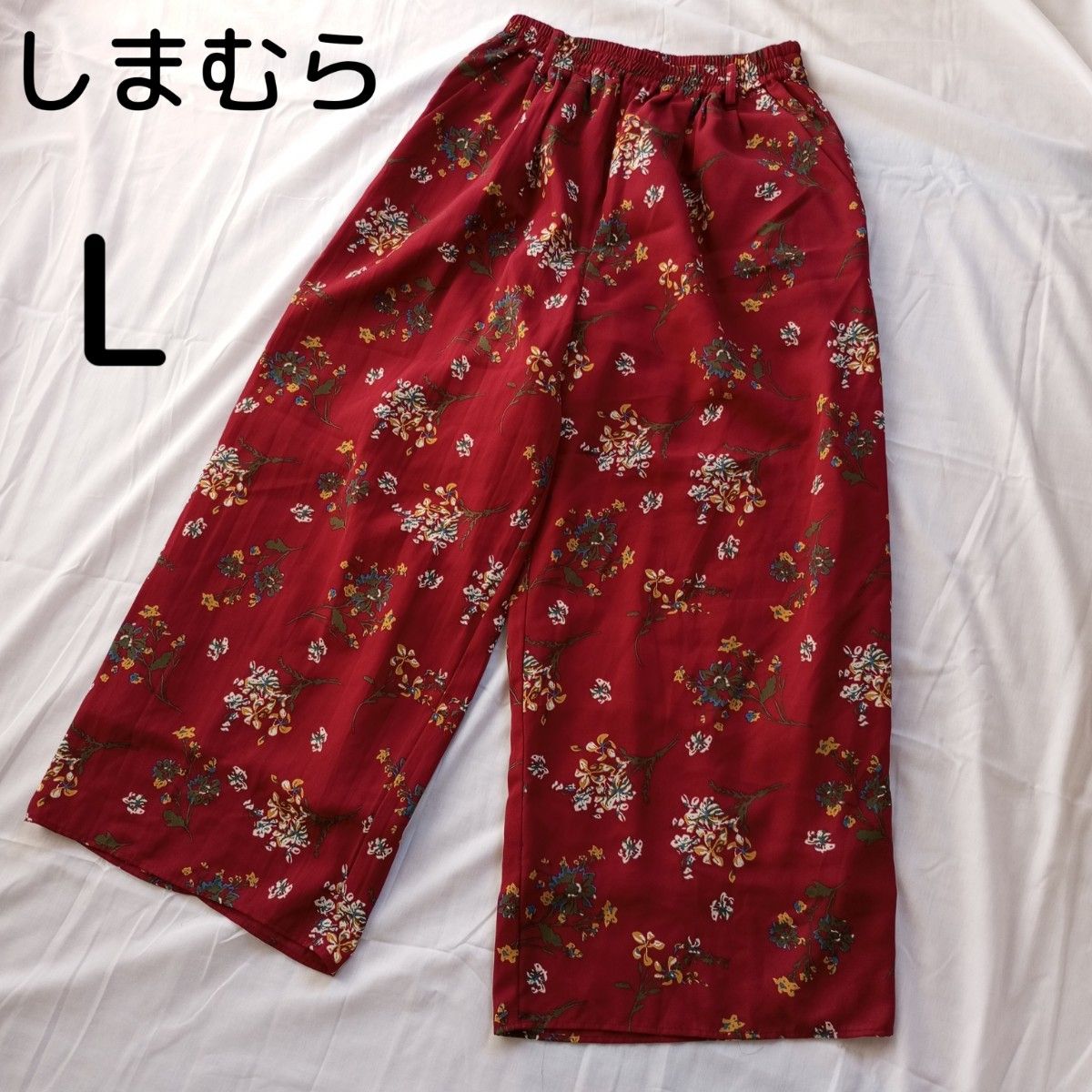 しまむら パンツ ワイドパンツ 花柄 レッド サラサラ生地 Lサイズ レディース ウエストゴム