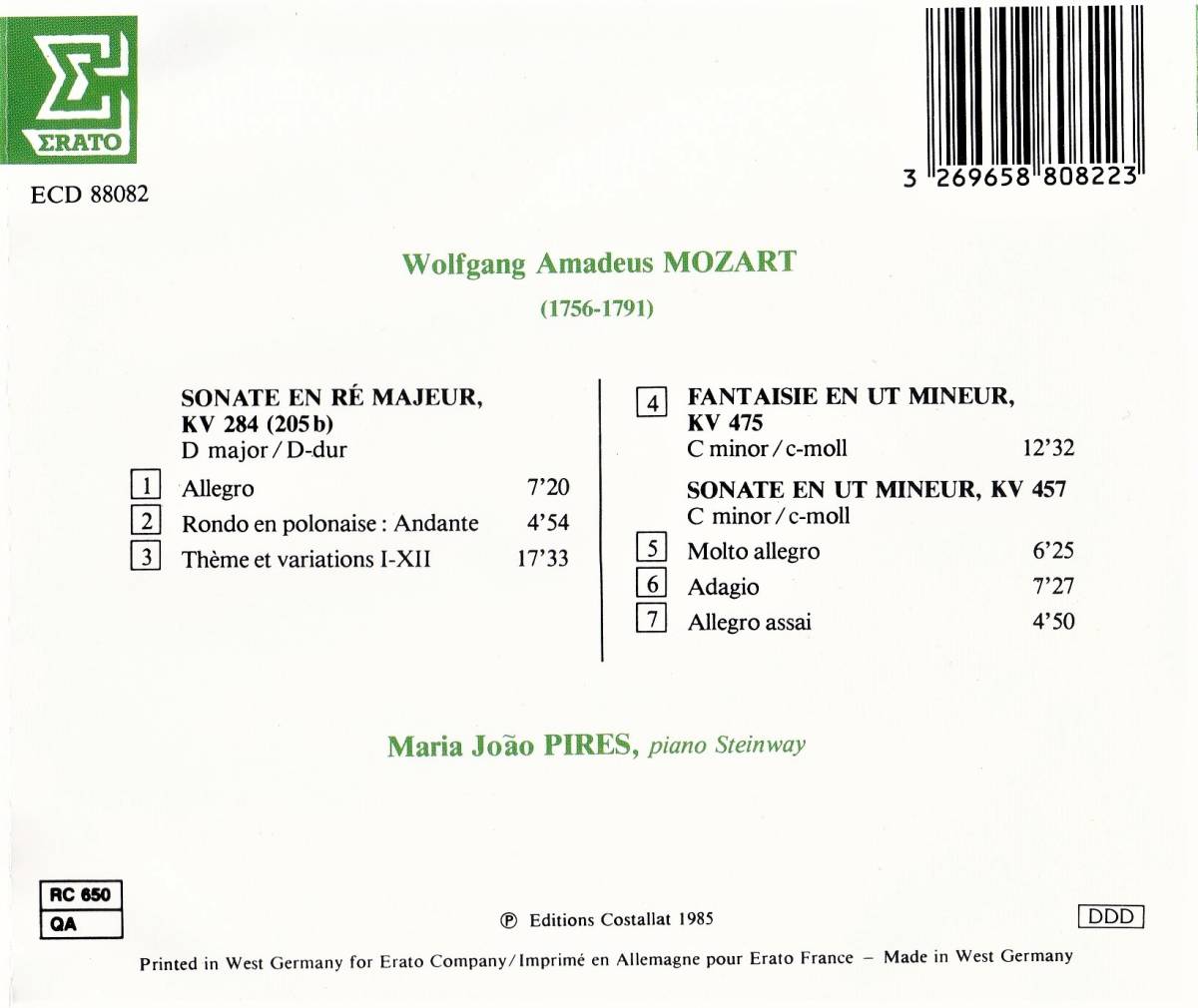 廃盤超希少 ERATO 初期西独盤 マリア・ジョアオ・ピリス モーツアルト ピアノ・ソナタ KV284 KV457 幻想曲 KV475 _画像2