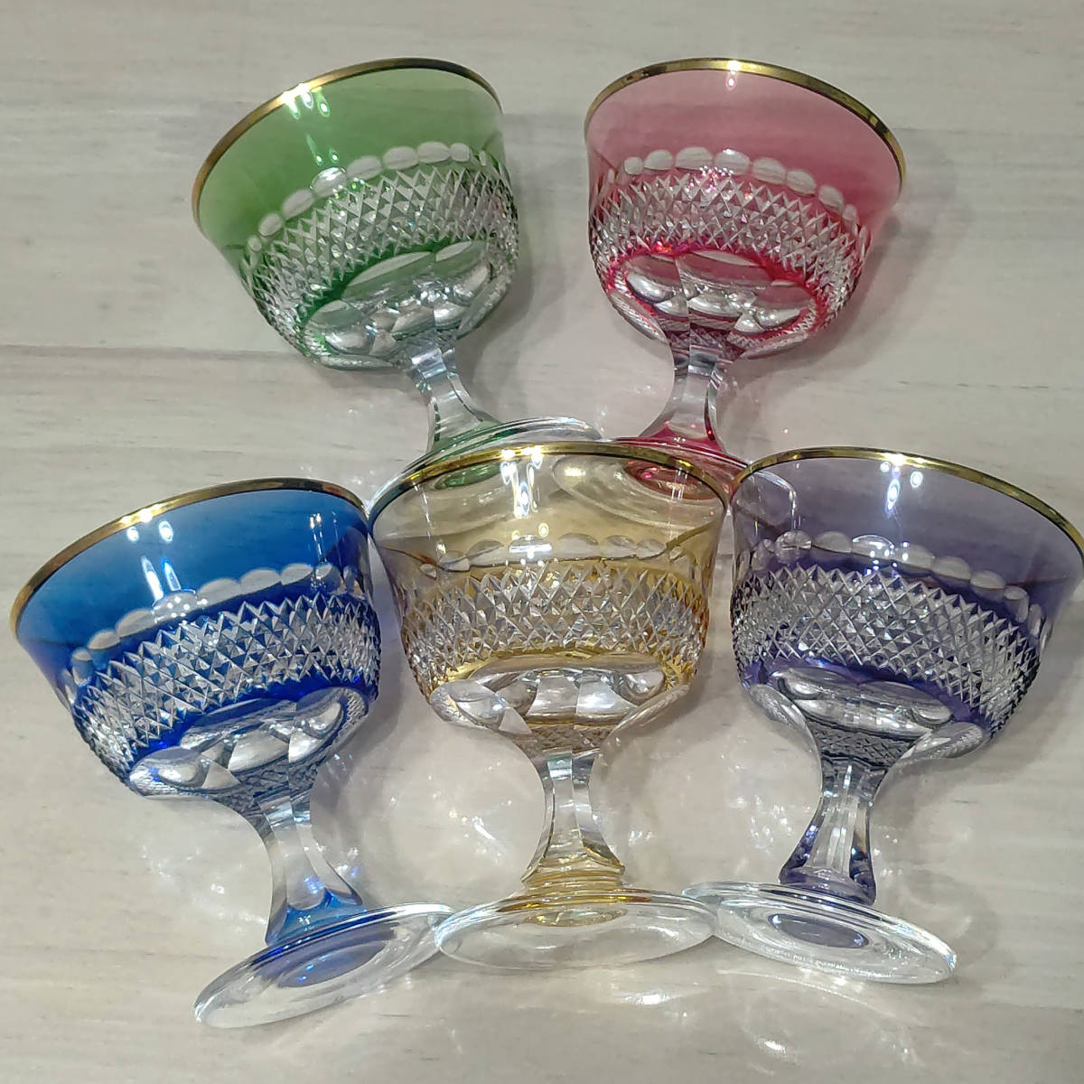 KAGAMI CRYSTAL カガミクリスタル 懐石杯 5客セット 5色 金縁 グラス