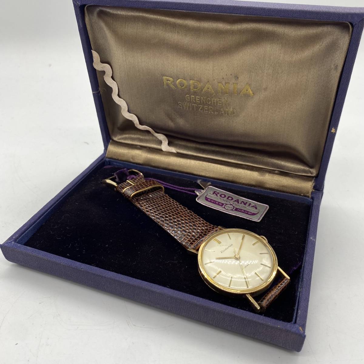 ■【貴重】 RODANIA ロダニア 金無垢 手巻き 腕時計 K18 18K 750 純正ベルト 当時箱 当時タグ付 総重量：約31.3g 現状品 アンティーク