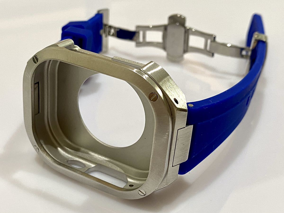シルバーブルー★アップルウォッチバンド ラバーベルト カバー　ステンレス Apple Watch ケース 49mm ウルトラ　ultra メンズ レディース