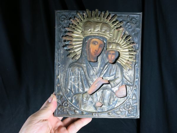 A 聖母子イコン 宗教画 キリスト教 骨董 美術品 イコン ロシア 東方教会 ギリシャ正教