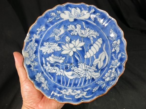 A　古染付祥瑞蓮池文様七寸皿　明時代　成化年製　本物　名品　磁器　陶器　陶芸　貫入　青花　砧青磁　天竜寺青磁　白磁　茶の湯　釉下彩