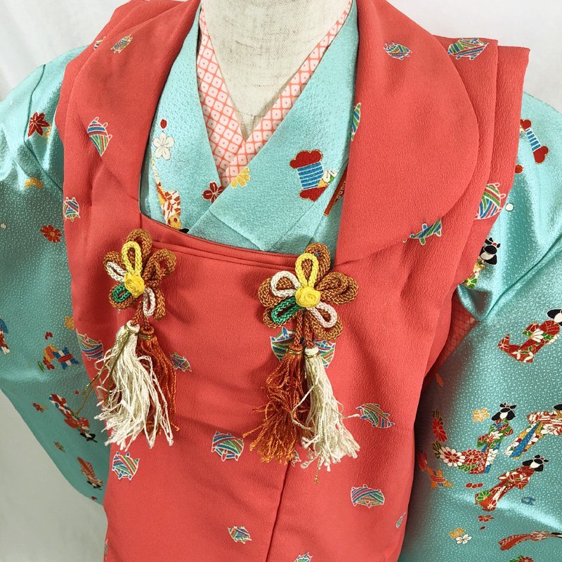 □きものマーチ□七五三三歳女児着物&被布&長襦袢金彩紙人形□美品
