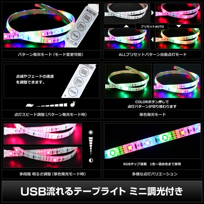 防水 USB 流れる LEDテープライト RGB カラフル ミニ調光付き 150cm DC5V 白ベース 1本_画像3