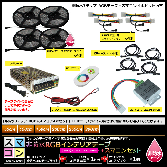 【スマコン200cm×4本セット】 非防水RGBテープライト+RF調光器+対応アダプター付き_画像3