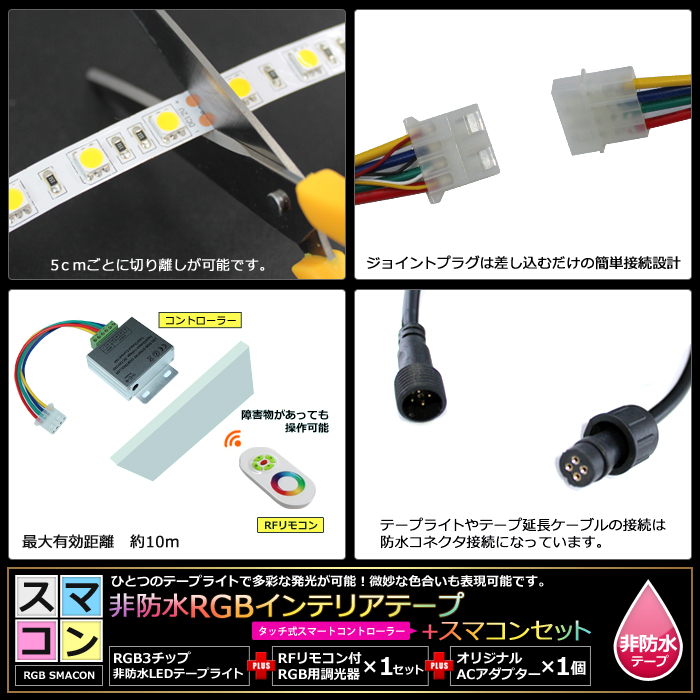 【スマコン250cm×2本セット】 非防水RGBテープライト+RF調光器+対応アダプター付き_画像4