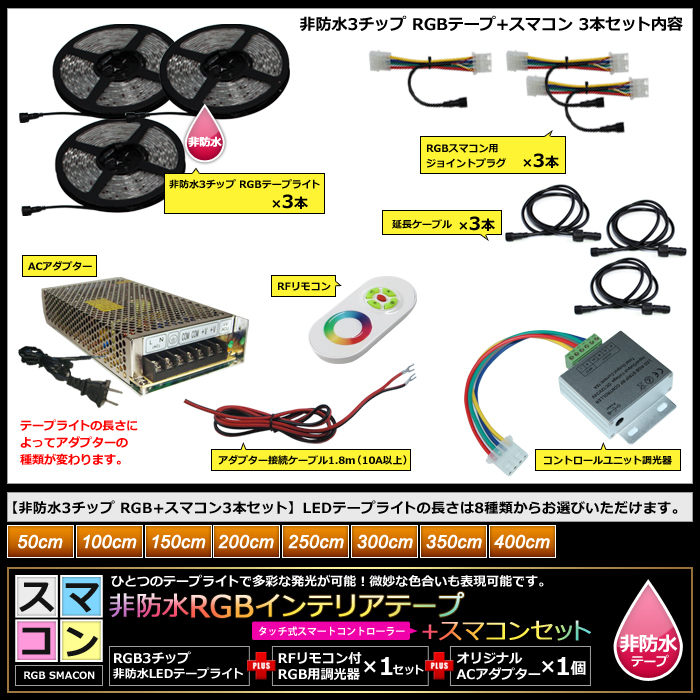 【スマコン100cm×3本セット】 非防水RGBテープライト+RF調光器+対応アダプター付き_画像3