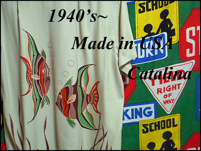 ★希少なパネル柄★Made in USA製アメリカ製Catalinaカタリナビンテージハワイアンシャツアロハシャツ30s40s30年代40年代魚柄バックパネルL_♪1940s~ Catalina♪