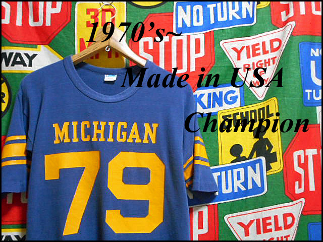 ★程よいUSED感が◎な1枚★Made in USA製アメリカ製ChampionチャンピオンビンテージナンバリングカレッジTシャツ70s70年代バータグL紺黄WIN