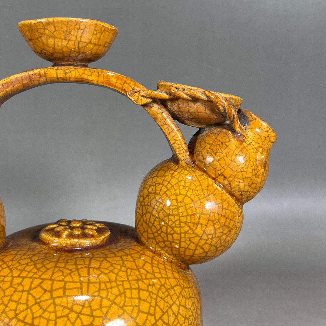 ▽鴻▽ 宋 黄釉 開片 ひょうたん對流壺 古陶瓷品 置物 古賞物 中国古玩 中国古美術