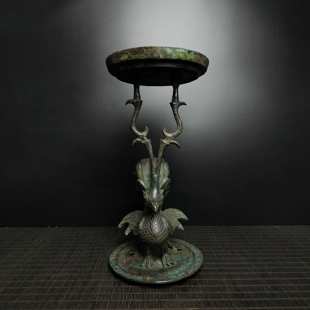 ▽鴻▽ 戦 青銅製 鳳鳥燈 置物 古賞物 中国古玩 中国古美術