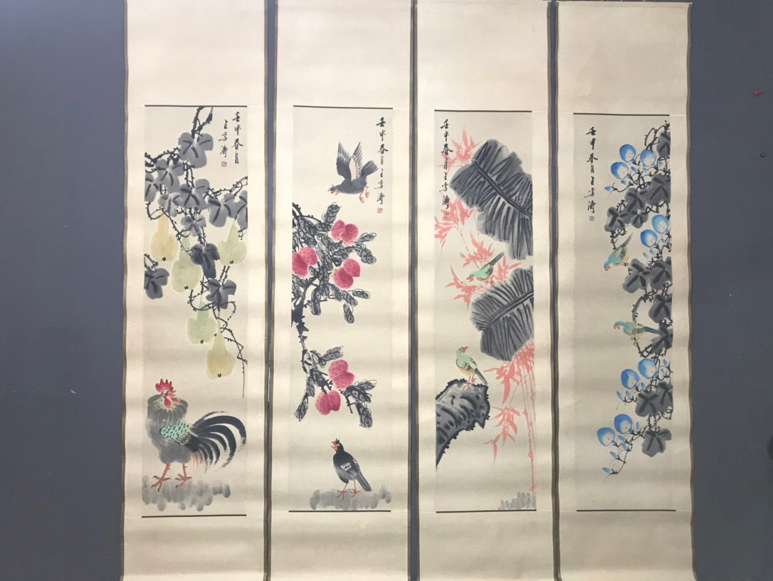 ▽鴻▽【中国字画】近現代 王雪濤 四條屏中堂画 花鳥画 肉筆紙本 稀少