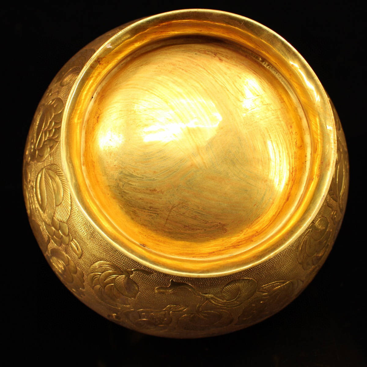 ▽鴻▽ 銅製 塗金 花鳥紋 提梁罐 置物 古賞物 中国古玩 中国古美術