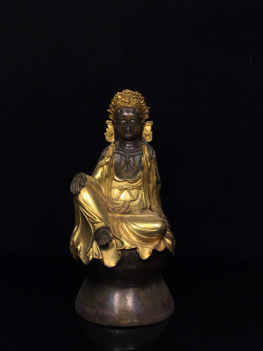 ▽鴻▽ 銅製 塗金 景泰藍 琺瑯彩 自在觀音像 置物 古賞物 中国