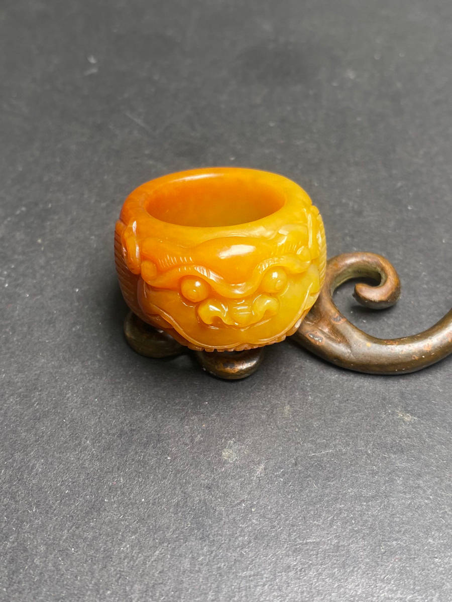 ▽鴻▽ 和田玉製 細密彫 獣面 指輪 置物 古賞物 中国古玩 中国古美術 