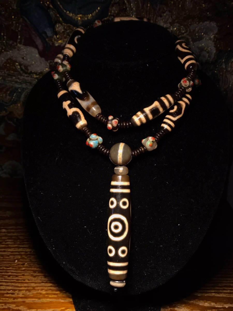 ▽鴻▽ 瑪瑙製 細密彫 多寶天珠 十一眼天珠ネックレス 根付 裝身具