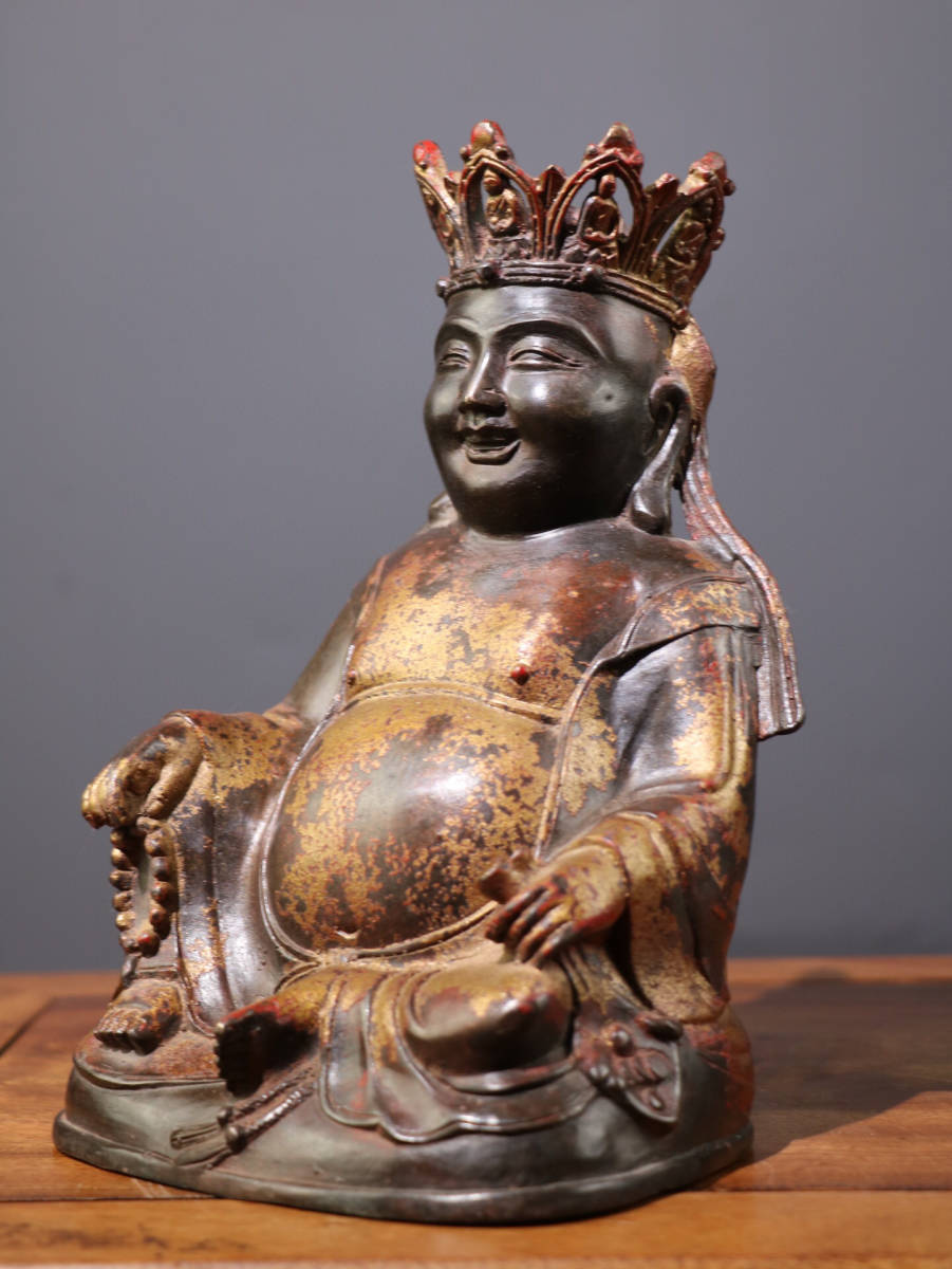 ▽鴻▽ 銅製 泥金 朱砂 彌勒仏 置物 古賞物 中国古玩 中国古美術