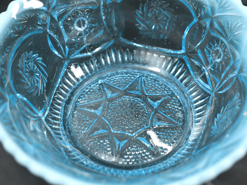 【開】昭和初期 昭和レトロ プレス成型オパールセント暈し青ガラス小鉢 氷コップ 5客 G78_画像5