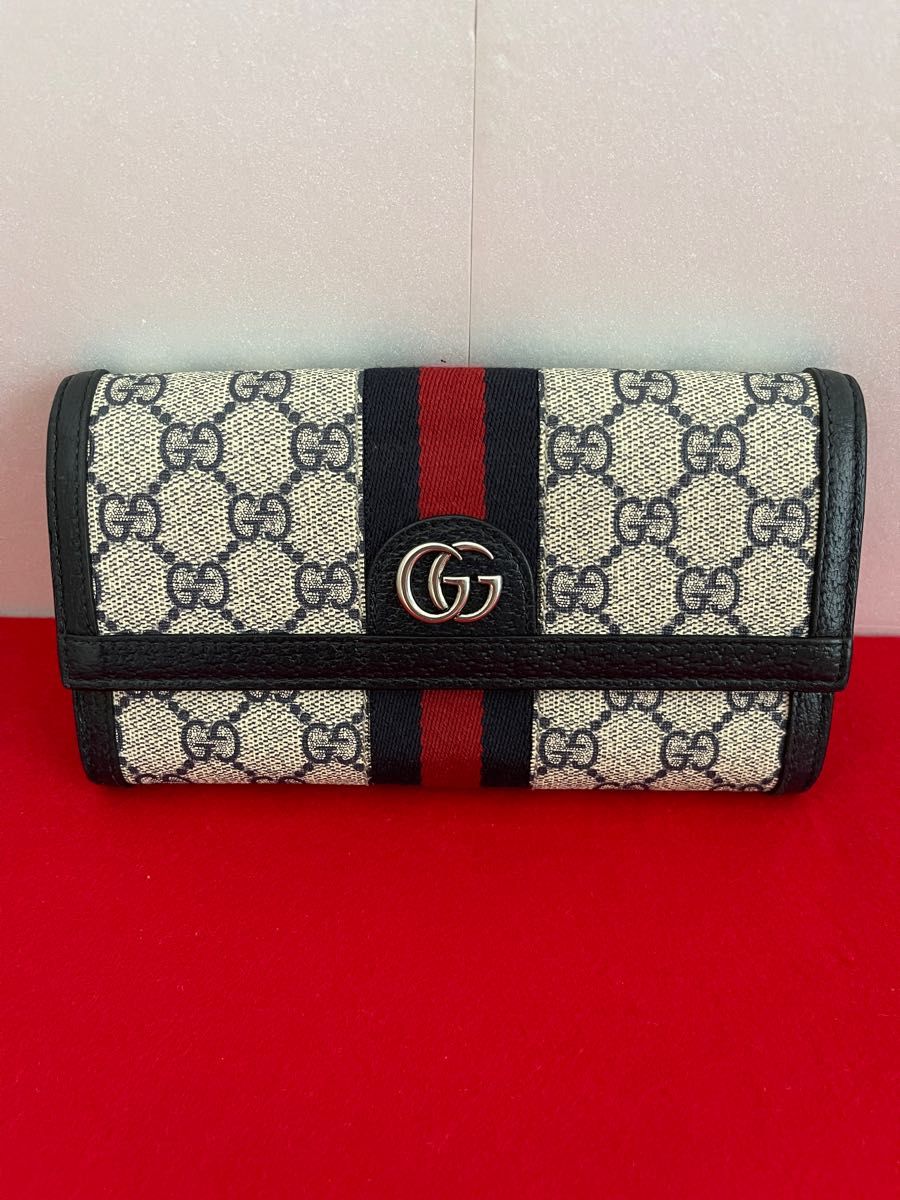 GUCCI グッチ シェリーライン オフィディア GGスプリーム GGマーモント PVC レザー 長財布 ネイビー