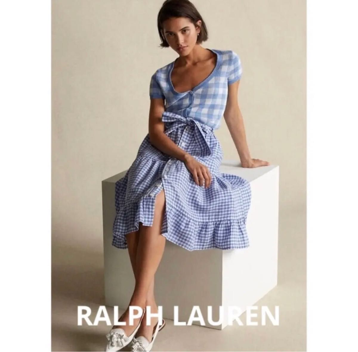 RALPH LAURENラルフローレン　ギンガム　チェック　ティアード　リボン　スカート　ブルー