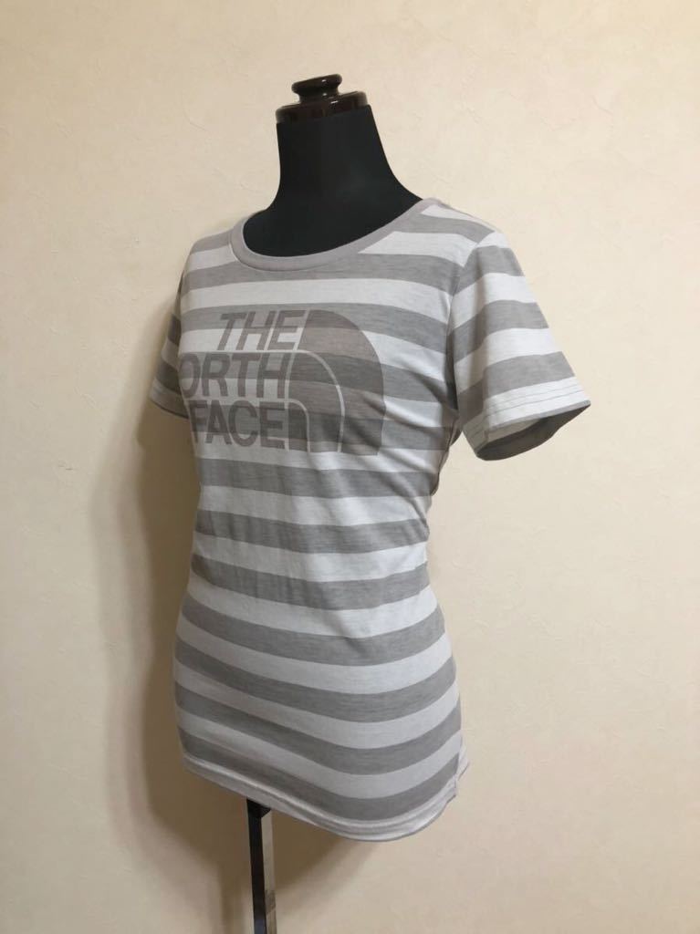 【良品】 THE NORTH FACE ザ ノースフェイス アウトドア レディース ビッグロゴ ボーダー Tシャツ トップス サイズM 半袖 グレー NTW11233_画像6