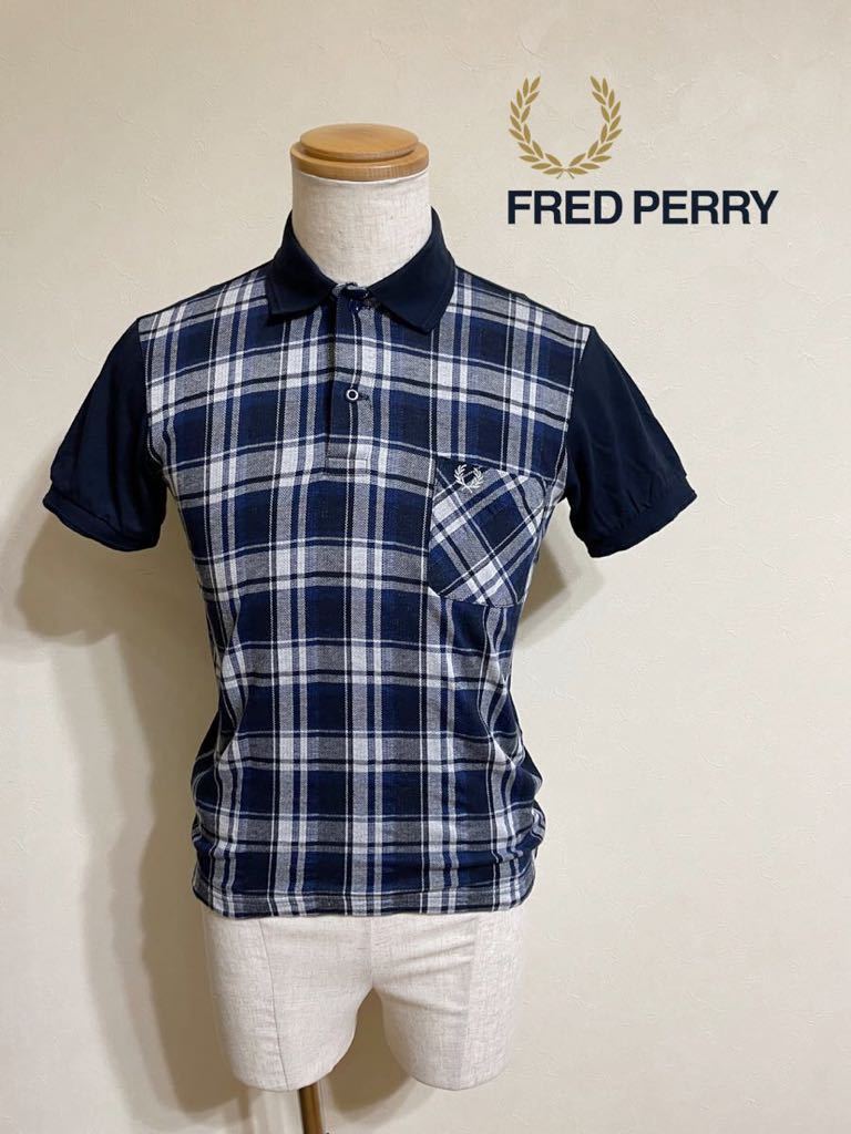 【良品】 FRED PERRY フレッドペリー タータンチェック 鹿の子 ポロシャツ トップス サイズS 半袖 ネイビー ヒットユニオン 日本製 F1482