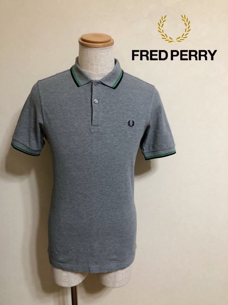 【美品】 FRED PERRY Slim Fit フレッドペリー 鹿の子 ポロシャツ トップス サイズM 半袖 グレー M3600