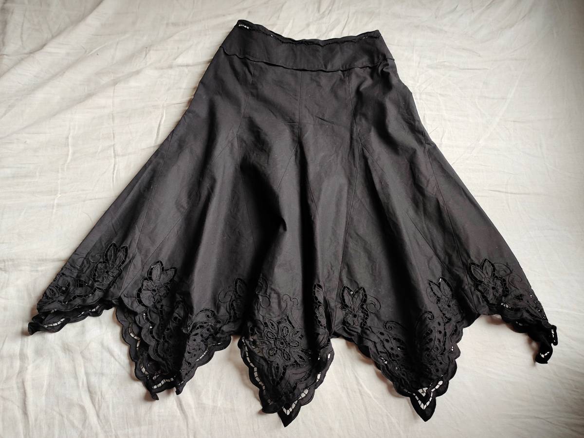  прекрасный товар KEITA MARUYAMA Keita Maruyama юбка вышивка ... плетеный цветок дизайн хлопок 1 чёрный черный женский *6