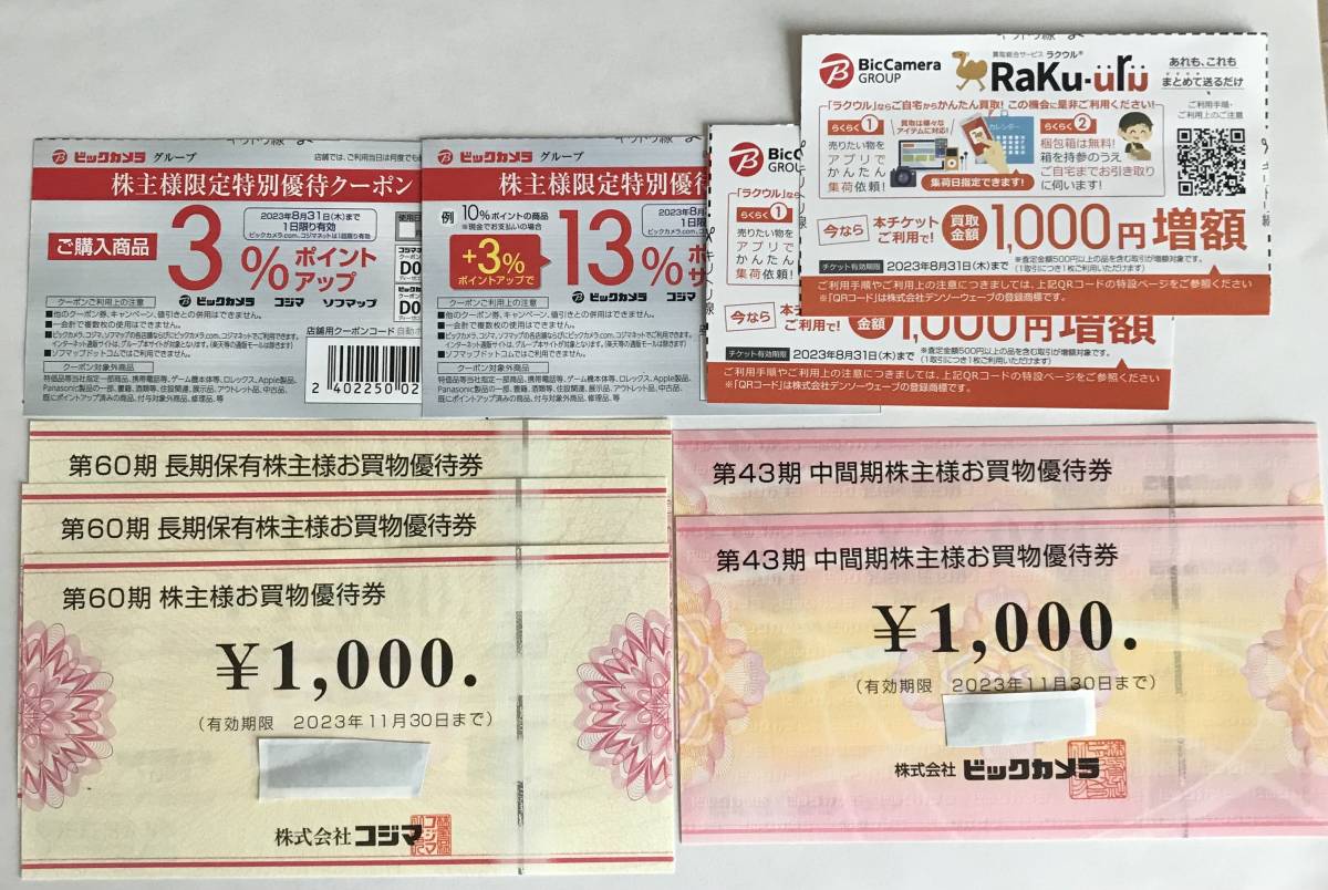 送料無料 コジマ×ビックカメラ株主優待券5000円 1000円5枚 使用期限11